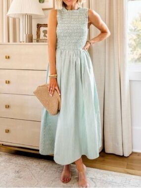 LOFT Striped Poplin Smocked Sleeveless Maxi  Dress